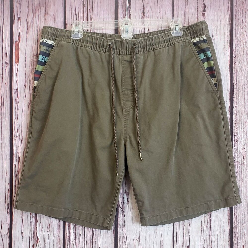 Prana XL Breathe Shorts Organic Cotton Striped Pockets Chingo Olive Green Mens
